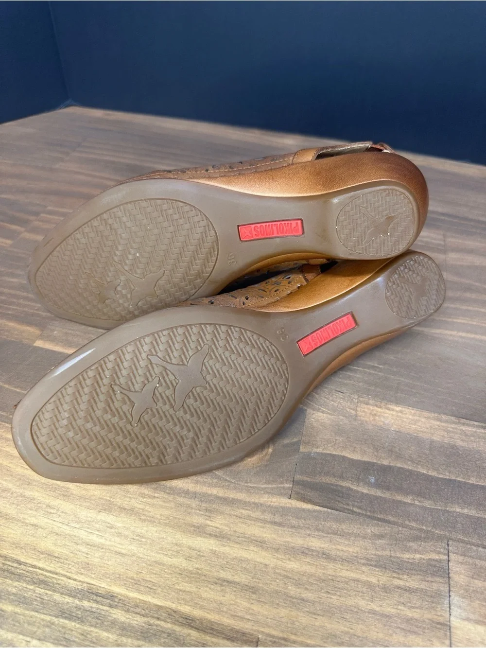 PIKOLINOS Tan Laser-Cut Leather Wedge Shoes